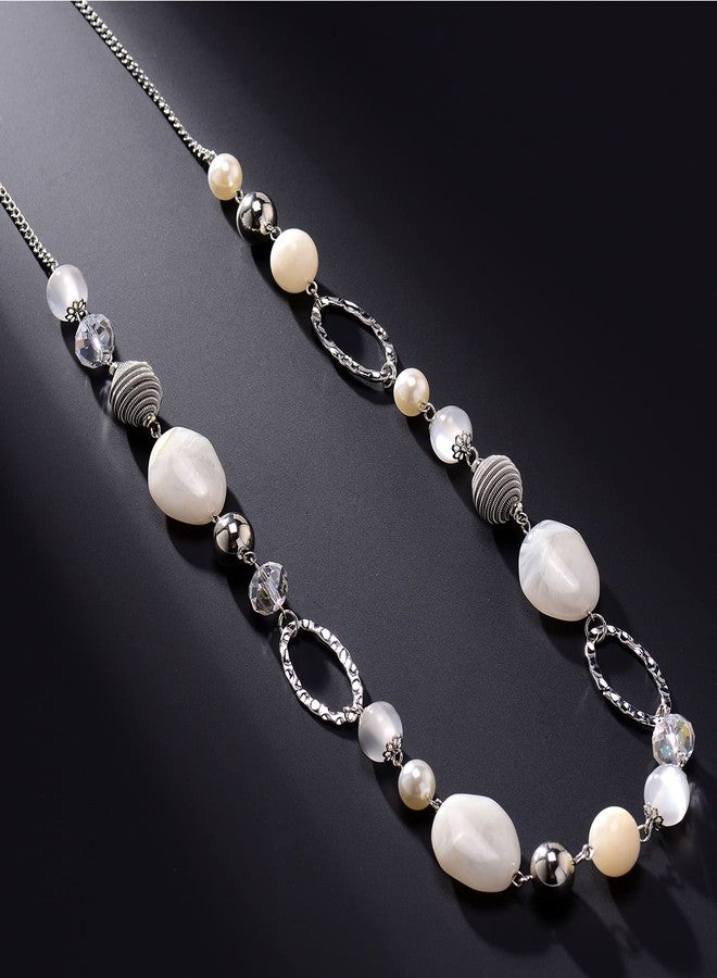 BULINLIN Beaded Long Necklace for Women Silver Sweater Chain Necklace with Crystal Resin Beads, Fashion Jewelry Necklace(White) - Image 3